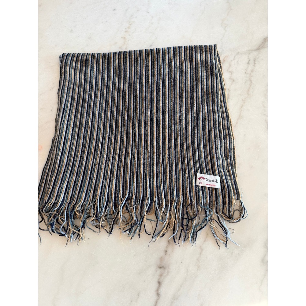 Corrieri Ido Italy Striped Viscose Scarf Blue Gold Grey Fringe RN 75343
